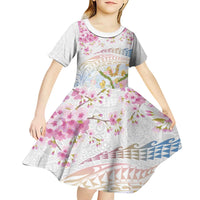 Hawaiian and Japanese Culture Together Kid Short Sleeve Dress Tribal Motifs with Lei and Japanese Sakura Pattern