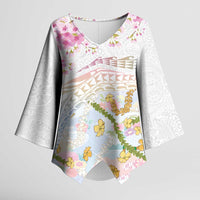 Hawaiian and Japanese Culture Together Kimono Sleeve Blouse Tribal Motifs with Lei and Japanese Sakura Pattern