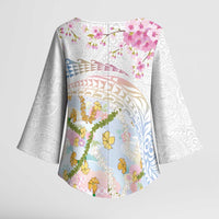 Hawaiian and Japanese Culture Together Kimono Sleeve Blouse Tribal Motifs with Lei and Japanese Sakura Pattern