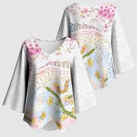 Hawaiian and Japanese Culture Together Kimono Sleeve Blouse Tribal Motifs with Lei and Japanese Sakura Pattern