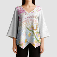 Hawaiian and Japanese Culture Together Kimono Sleeve Blouse Tribal Motifs with Lei and Japanese Sakura Pattern