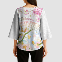 Hawaiian and Japanese Culture Together Kimono Sleeve Blouse Tribal Motifs with Lei and Japanese Sakura Pattern