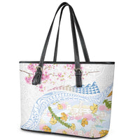 Hawaiian and Japanese Culture Together Leather Tote Bag Tribal Motifs with Lei and Japanese Sakura Pattern