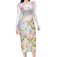 Hawaiian and Japanese Culture Together Long Sleeve Bodycon Dress Tribal Motifs with Lei and Japanese Sakura Pattern