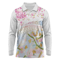 Hawaiian and Japanese Culture Together Long Sleeve Polo Shirt Tribal Motifs with Lei and Japanese Sakura Pattern