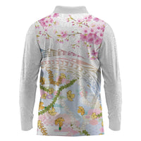 Hawaiian and Japanese Culture Together Long Sleeve Polo Shirt Tribal Motifs with Lei and Japanese Sakura Pattern