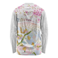Hawaiian and Japanese Culture Together Long Sleeve Shirt Tribal Motifs with Lei and Japanese Sakura Pattern