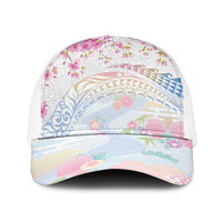 Hawaiian and Japanese Culture Together Mesh Trucker Cap Tribal Motifs with Lei and Japanese Sakura Pattern