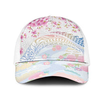 Hawaiian and Japanese Culture Together Mesh Trucker Cap Tribal Motifs with Lei and Japanese Sakura Pattern LT03 One Size White White - Polynesian Pride