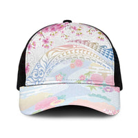 Hawaiian and Japanese Culture Together Mesh Trucker Cap Tribal Motifs with Lei and Japanese Sakura Pattern