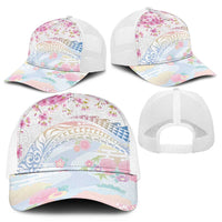 Hawaiian and Japanese Culture Together Mesh Trucker Cap Tribal Motifs with Lei and Japanese Sakura Pattern