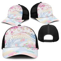 Hawaiian and Japanese Culture Together Mesh Trucker Cap Tribal Motifs with Lei and Japanese Sakura Pattern LT03 - Polynesian Pride