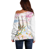 Hawaiian and Japanese Culture Together Off Shoulder Sweater Tribal Motifs with Lei and Japanese Sakura Pattern