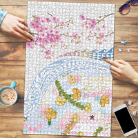 Hawaiian and Japanese Culture Together Puzzle Tribal Motifs with Lei and Japanese Sakura Pattern