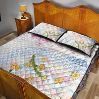 Hawaiian and Japanese Culture Together Quilt Bed Set Tribal Motifs with Lei and Japanese Sakura Pattern