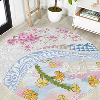 Hawaiian and Japanese Culture Together Round Carpet Tribal Motifs with Lei and Japanese Sakura Pattern