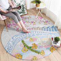Hawaiian and Japanese Culture Together Round Carpet Tribal Motifs with Lei and Japanese Sakura Pattern