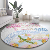 Hawaiian and Japanese Culture Together Round Carpet Tribal Motifs with Lei and Japanese Sakura Pattern