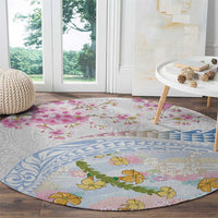 Hawaiian and Japanese Culture Together Round Carpet Tribal Motifs with Lei and Japanese Sakura Pattern