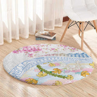 Hawaiian and Japanese Culture Together Round Carpet Tribal Motifs with Lei and Japanese Sakura Pattern