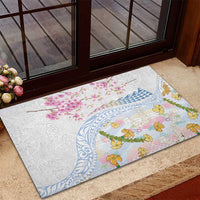 Hawaiian and Japanese Culture Together Rubber Doormat Tribal Motifs with Lei and Japanese Sakura Pattern