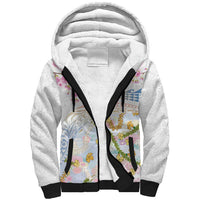 Hawaiian and Japanese Culture Together Sherpa Hoodie Tribal Motifs with Lei and Japanese Sakura Pattern