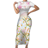 Hawaiian and Japanese Culture Together Short Sleeve Bodycon Dress Tribal Motifs with Lei and Japanese Sakura Pattern
