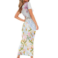 Hawaiian and Japanese Culture Together Short Sleeve Bodycon Dress Tribal Motifs with Lei and Japanese Sakura Pattern