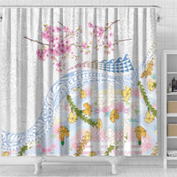 Hawaiian and Japanese Culture Together Shower Curtain Tribal Motifs with Lei and Japanese Sakura Pattern