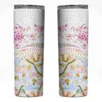 Hawaiian and Japanese Culture Together Skinny Tumbler Tribal Motifs with Lei and Japanese Sakura Pattern
