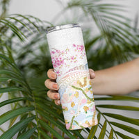 Hawaiian and Japanese Culture Together Skinny Tumbler Tribal Motifs with Lei and Japanese Sakura Pattern