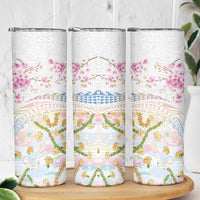 Hawaiian and Japanese Culture Together Skinny Tumbler Tribal Motifs with Lei and Japanese Sakura Pattern