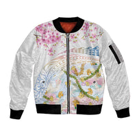 Hawaiian and Japanese Culture Together Sleeve Zip Bomber Jacket Tribal Motifs with Lei and Japanese Sakura Pattern