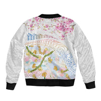 Hawaiian and Japanese Culture Together Sleeve Zip Bomber Jacket Tribal Motifs with Lei and Japanese Sakura Pattern