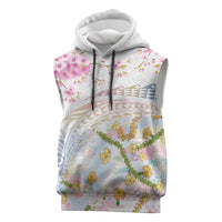 Hawaiian and Japanese Culture Together Sleeveless Hoodie Tribal Motifs with Lei and Japanese Sakura Pattern