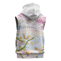 Hawaiian and Japanese Culture Together Sleeveless Hoodie Tribal Motifs with Lei and Japanese Sakura Pattern
