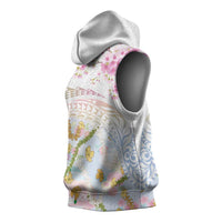 Hawaiian and Japanese Culture Together Sleeveless Hoodie Tribal Motifs with Lei and Japanese Sakura Pattern