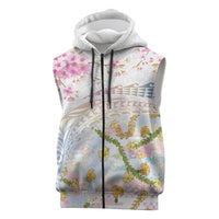 Hawaiian and Japanese Culture Together Sleeveless Zip Hoodie Tribal Motifs with Lei and Japanese Sakura Pattern