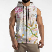 Hawaiian and Japanese Culture Together Sleeveless Zip Hoodie Tribal Motifs with Lei and Japanese Sakura Pattern