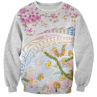 Hawaiian and Japanese Culture Together Sweatshirt Tribal Motifs with Lei and Japanese Sakura Pattern