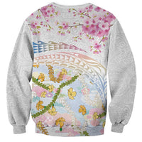 Hawaiian and Japanese Culture Together Sweatshirt Tribal Motifs with Lei and Japanese Sakura Pattern