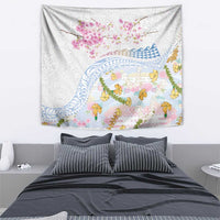 Hawaiian and Japanese Culture Together Tapestry Tribal Motifs with Lei and Japanese Sakura Pattern
