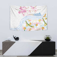 Hawaiian and Japanese Culture Together Tapestry Tribal Motifs with Lei and Japanese Sakura Pattern