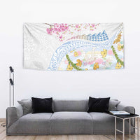 Hawaiian and Japanese Culture Together Tapestry Tribal Motifs with Lei and Japanese Sakura Pattern