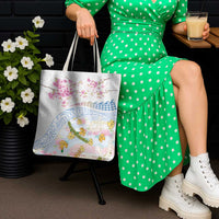 Hawaiian and Japanese Culture Together Tote Bag Tribal Motifs with Lei and Japanese Sakura Pattern