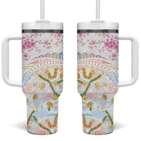 Hawaiian and Japanese Culture Together Tumbler With Handle Tribal Motifs with Lei and Japanese Sakura Pattern