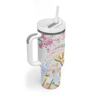Hawaiian and Japanese Culture Together Tumbler With Handle Tribal Motifs with Lei and Japanese Sakura Pattern