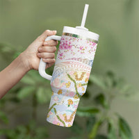 Hawaiian and Japanese Culture Together Tumbler With Handle Tribal Motifs with Lei and Japanese Sakura Pattern
