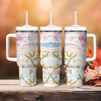Hawaiian and Japanese Culture Together Tumbler With Handle Tribal Motifs with Lei and Japanese Sakura Pattern