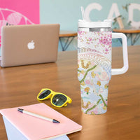 Hawaiian and Japanese Culture Together Tumbler With Handle Tribal Motifs with Lei and Japanese Sakura Pattern